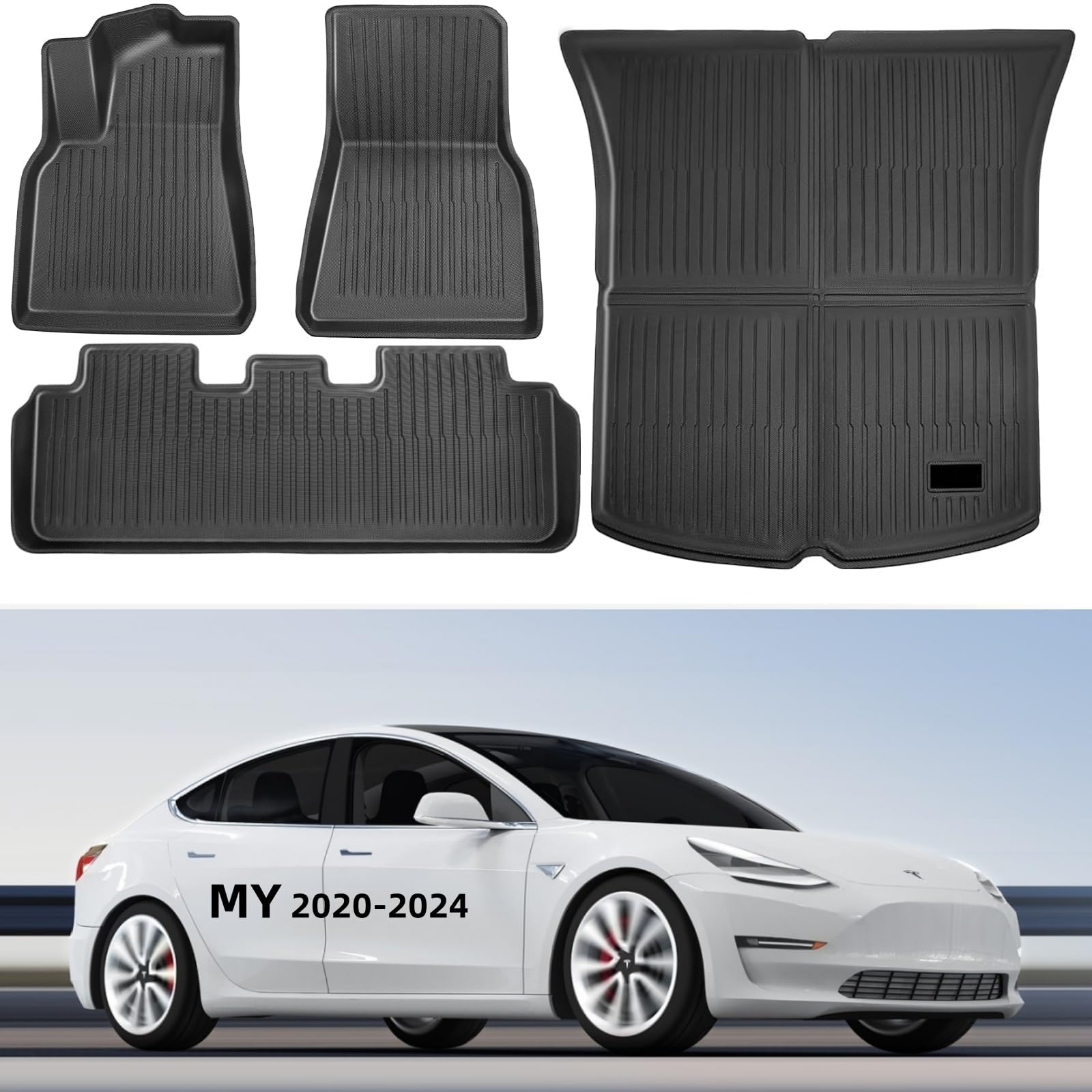 Bsteciar Tesla Model Y Fußmatten Set, 4-teilige TPE Allwetter-Fussmatten für Tesla Model Y 2020-2024 5-Sitzer, wasserdichte & rutschfeste 3D-Innenmatten, inkl. Kofferraummatte, Tesla Zubehör von Bsteciar