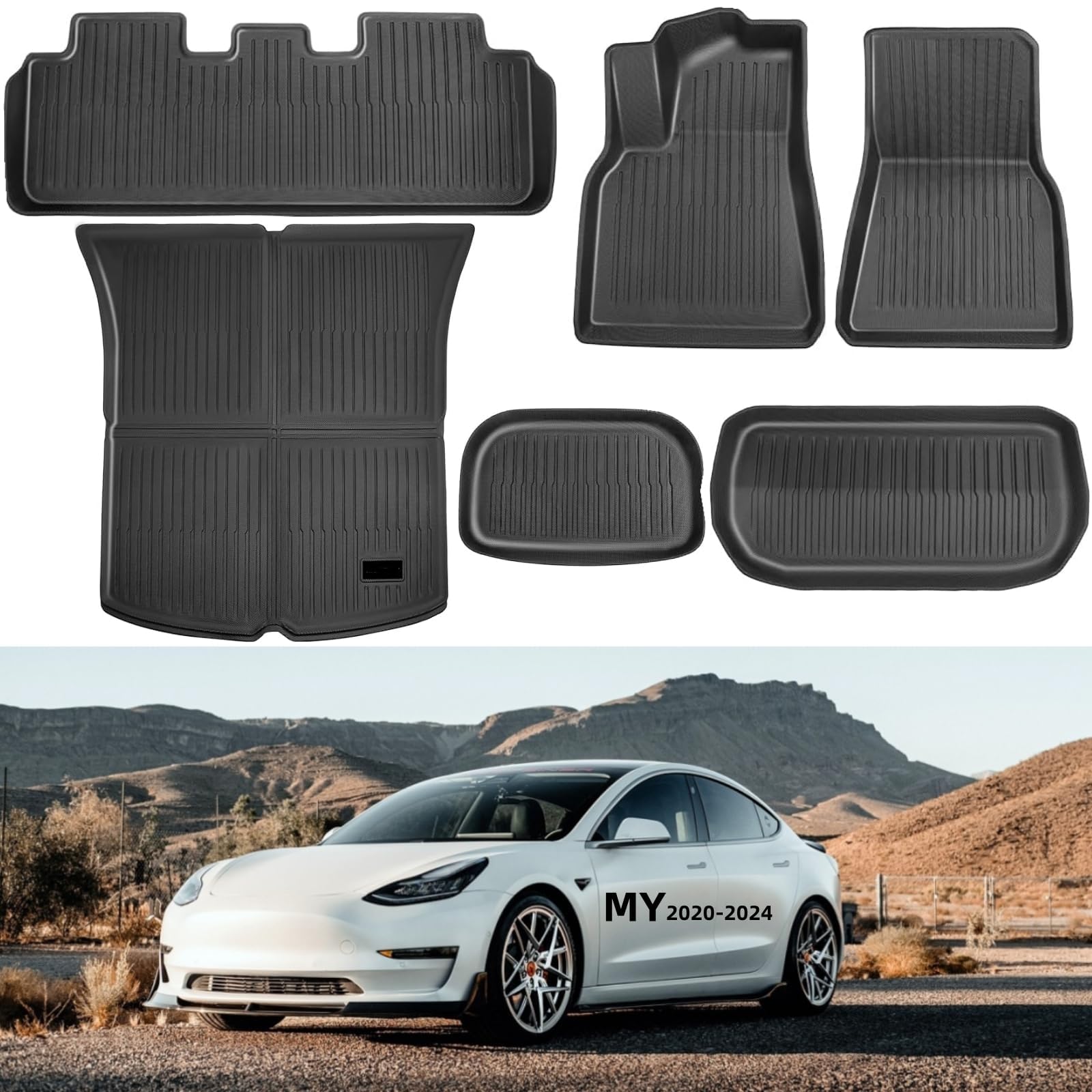 Bsteciar Tesla Model Y Fußmatten Set (6-teilig) – Allwetter TPE Fußmatten für Tesla 2020-2024 Model Y 5-Sitzer – wasserdichte, rutschfeste & Schmutzabweisende Autoteppiche – Inkl. Kofferraummatte von Bsteciar