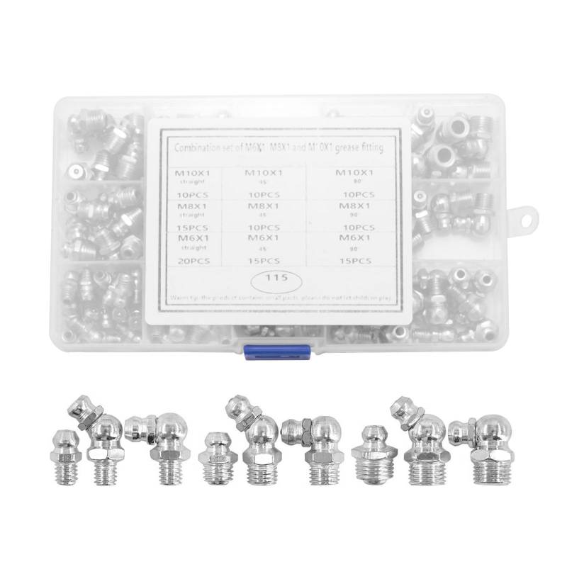 Btgghytr 115 Stück metrische Hydraulik-Fettbeschläge, Metall, Zerk Schmiernippel, Armaturen, Sortiment, gerade, 45, 90 Grad Winkel von Btgghytr