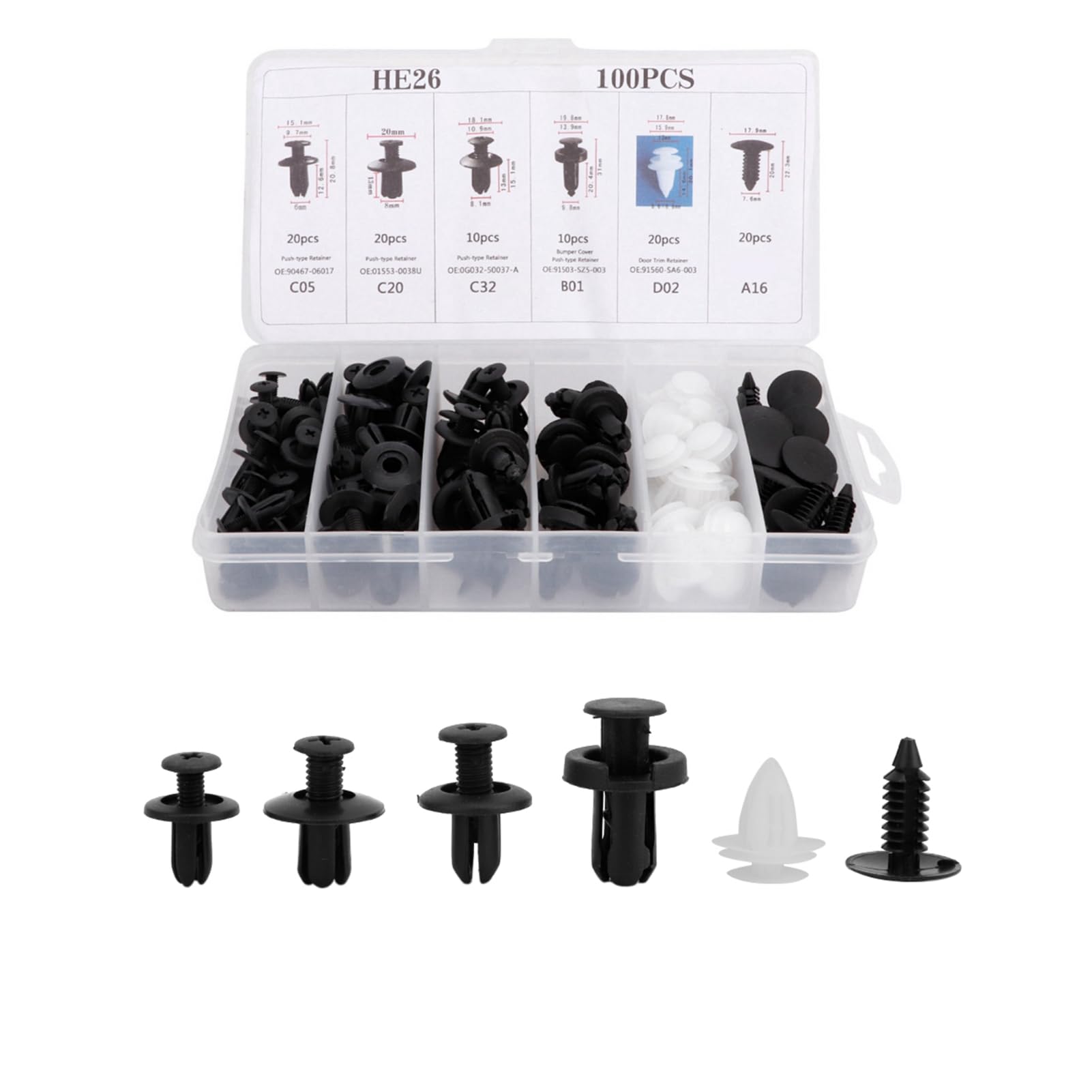 100 Stück HE26 Auto Befestigung Clips & Kunststoff Nieten Befestigungs Satz 6 Arten Nylon Stoßstange Auto Push Pins Rivet Fasteners für Türverkleidung Klammern Stoßstangen Befestigung von Buachois