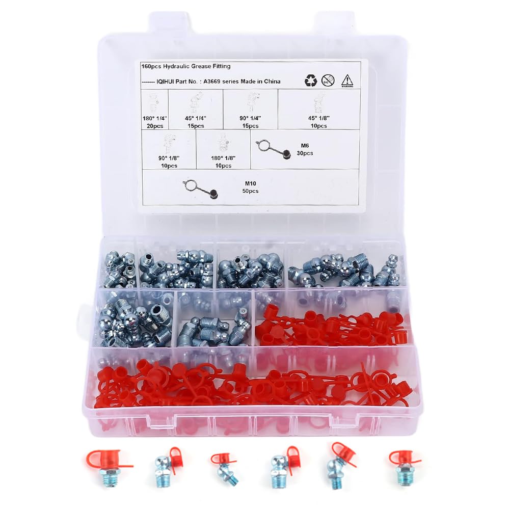 160 Stück Schmiernippel Sortiments Set, M6 M8 M10 1/8 1/4 Zoll 45° 90° Gerader Abschmiernippel, Vernickeltes Eisen Kegelschmiernippel Fettnippel Abgewinkelt Kegelnippel Fettnippel für Schmierpressen von Buachois