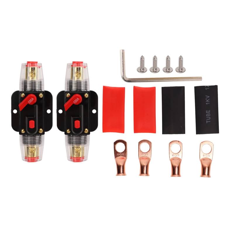 Inline-Leistungsschalter, 12-24 V Inline-Gleichstrom-Überlastschutzhalter mit manuellem Reset-Halter, Batterieösen, Schrumpfschläuche, Schutzdrahthalter für Auto-Boot-Audiosystem (100A) von Buachois