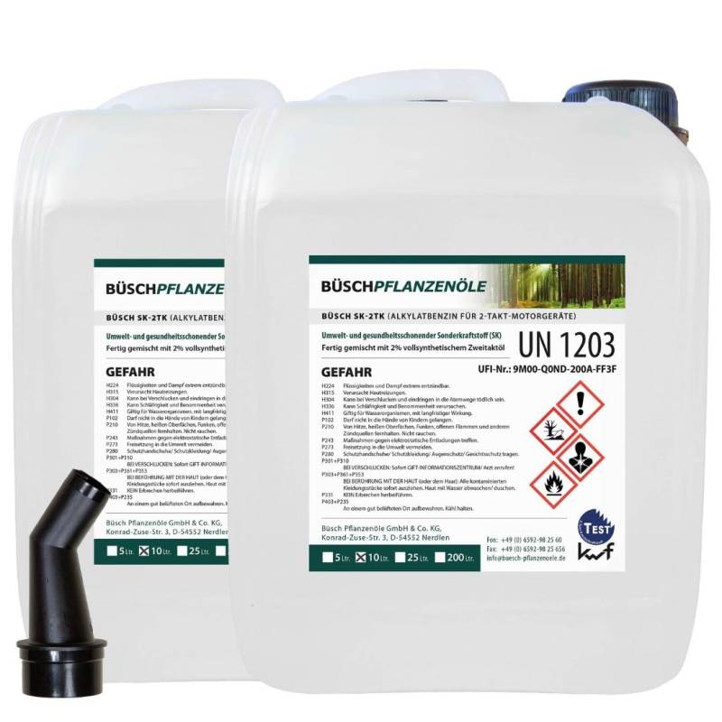 Büsch 2-Takt-Motorbenzin: - Alkylatbenzin für 2-Takt-Motorgeräte - Zweitakt Benzin für Motorsägen, Motorräder etc. - kwf zertifiziert - 2 x 10 Liter von PFLANZENÖLVERSAND