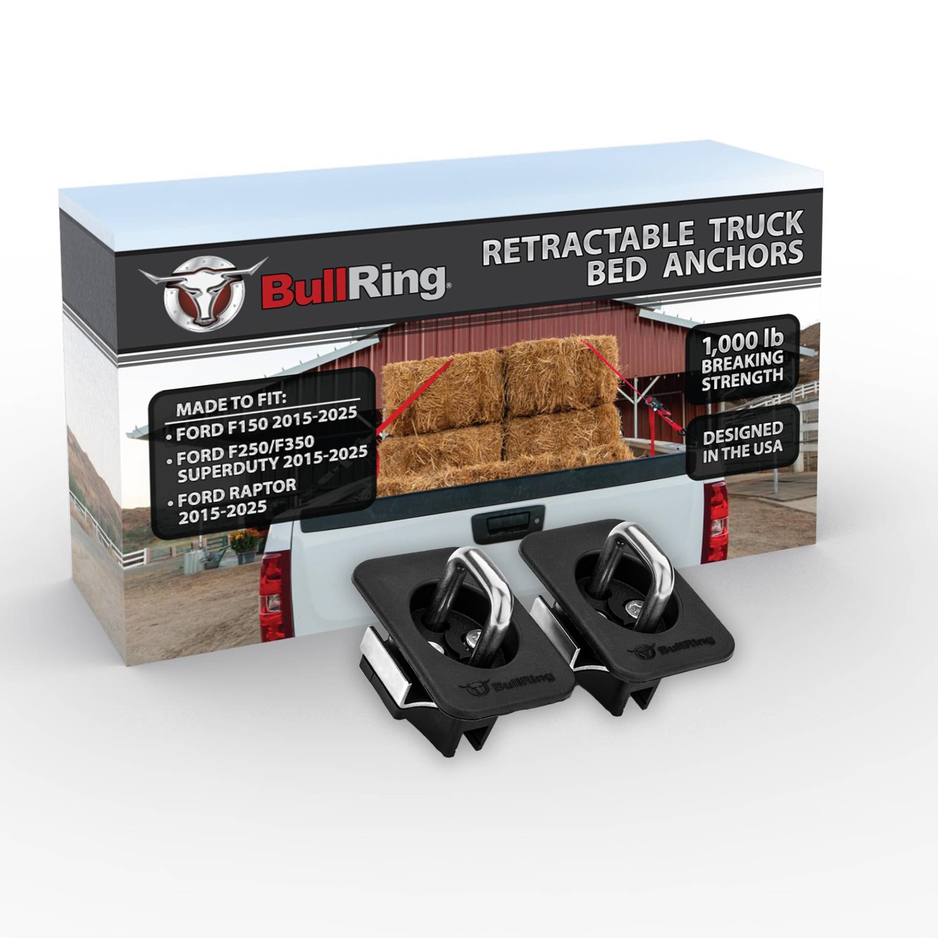 Bull Ring Versetzte, bündige Spanngurte für LKW-Bettspanngurte für Ford F150, '17-'25 F250 & F350 Super Duty, '17-'25 Ford Raptor (versetzt für vordere und mittlere Pfahltaschen) (1 Paar) von Bull Ring