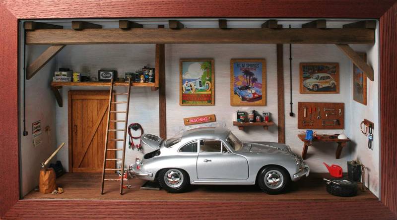 Busching Diorama Klassikwerkstatt 1:18 mit Modellauto Porsche 356 von Busching