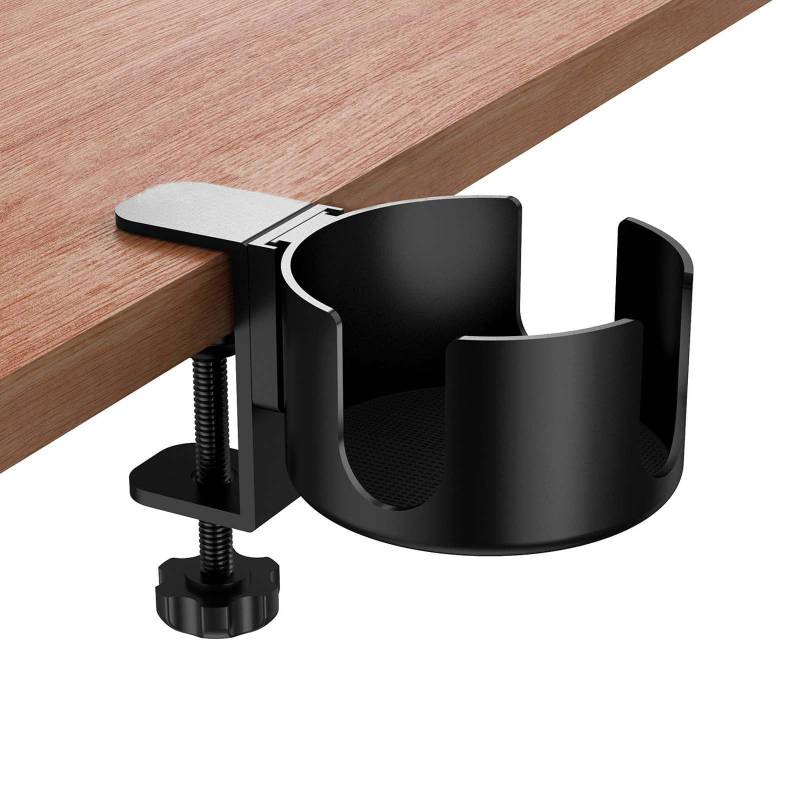 Schreibtisch Becherhalter, 1 Stück Büro Becherhalters aus Aluminiumlegierungs, Einstellbar Schreibtisch Flaschenhalter, Getränkehalter Clip, für Getränke, Kaffeetasse(Schwarz) von CAAGGMM