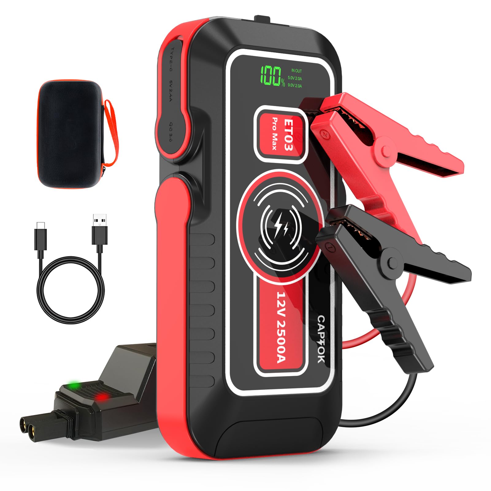 CAPTOK Starthilfe Powerbank 2500A 21800mAh Mit 15W Drahtlosem Ladegerät 12V (8,0L Gas, 6,0L Diesel) Auto Booster, LED-Anzeige, QC 3.0, LED-Taschenlampe von CAPTOK