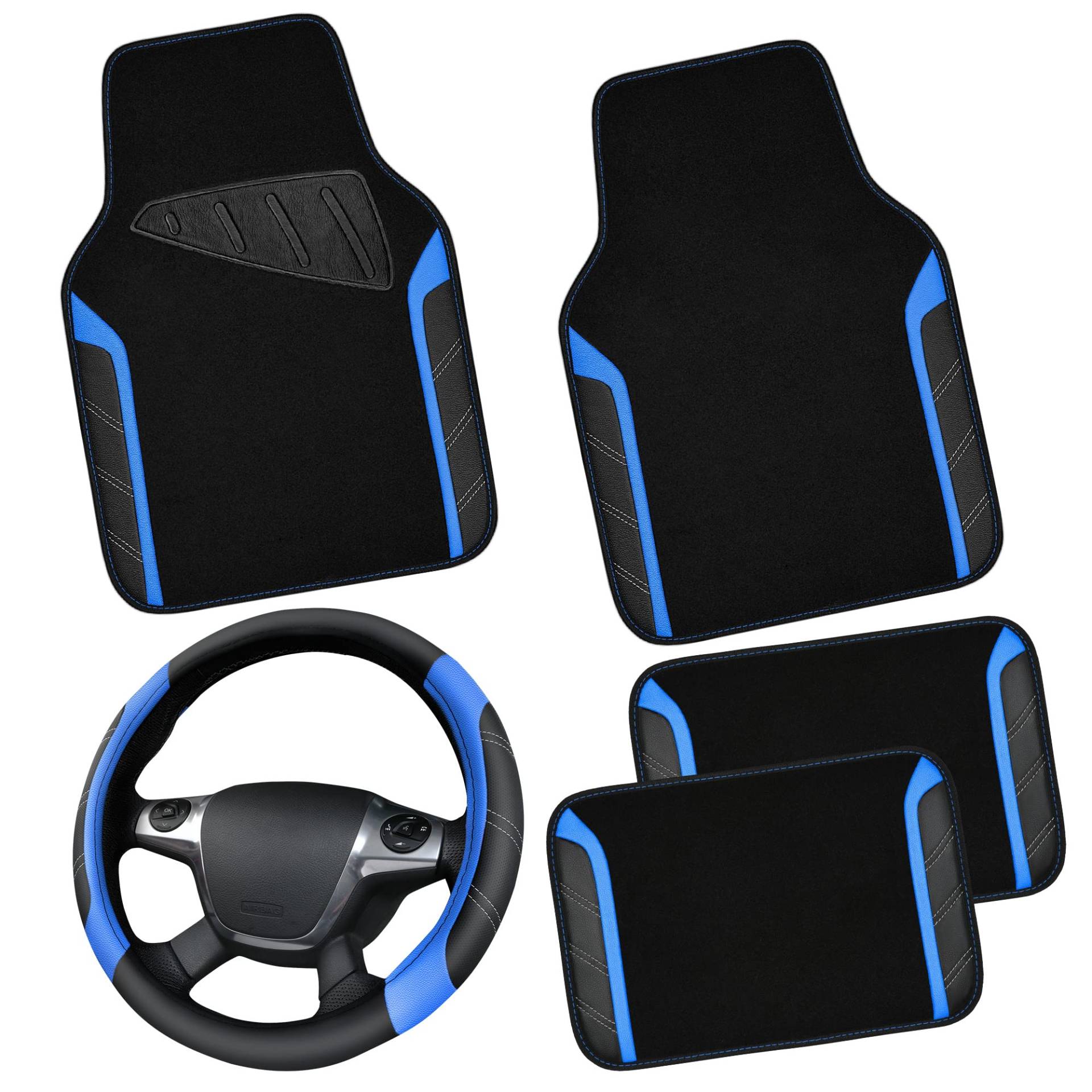 CAR PASS Leder Lenkradbezug und wasserdichte Auto Fußmatten, Mikrofaser Universal Auto Combo passend für 95% LKWs SUVs Autos, 36.8-38.1CM Sportlich Anti-Rutsch Design(Schwarz Blau) von CAR PASS