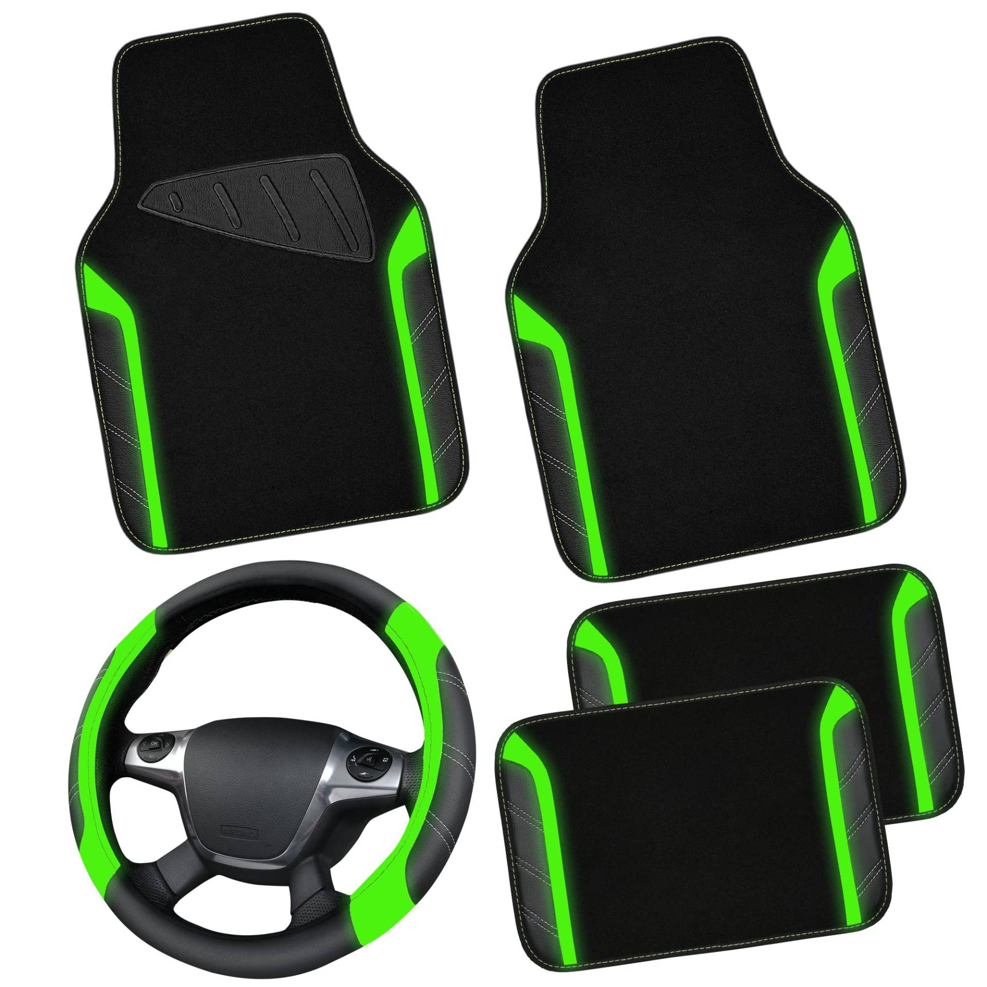 CAR PASS Leder Lenkradbezug und wasserdichte Auto Fußmatten, Mikrofaser Universal Auto Combo passend für 95% LKWs SUVs Autos, 36.8-38.1CM Sportlich Anti-Rutsch Design(Schwarz Fluoreszenz Grün) von CAR PASS