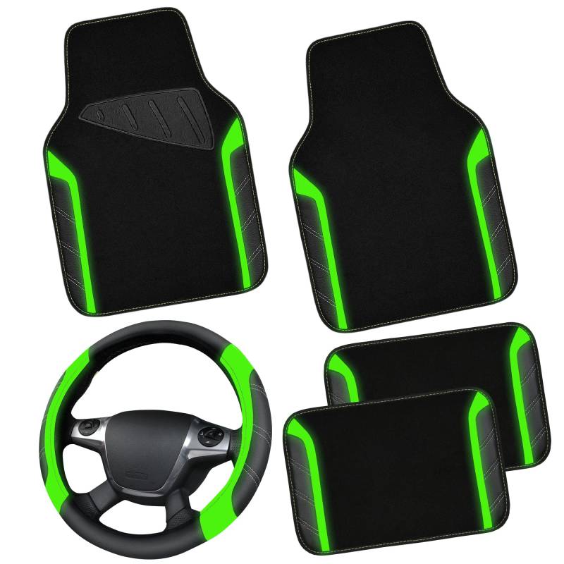 CAR PASS Leder Lenkradbezug und wasserdichte Auto Fußmatten, Mikrofaser Universal Auto Combo passend für 95% LKWs SUVs Autos, 36.8-38.1CM Sportlich Anti-Rutsch Design(Schwarz Fluoreszenz Grün) von CAR PASS