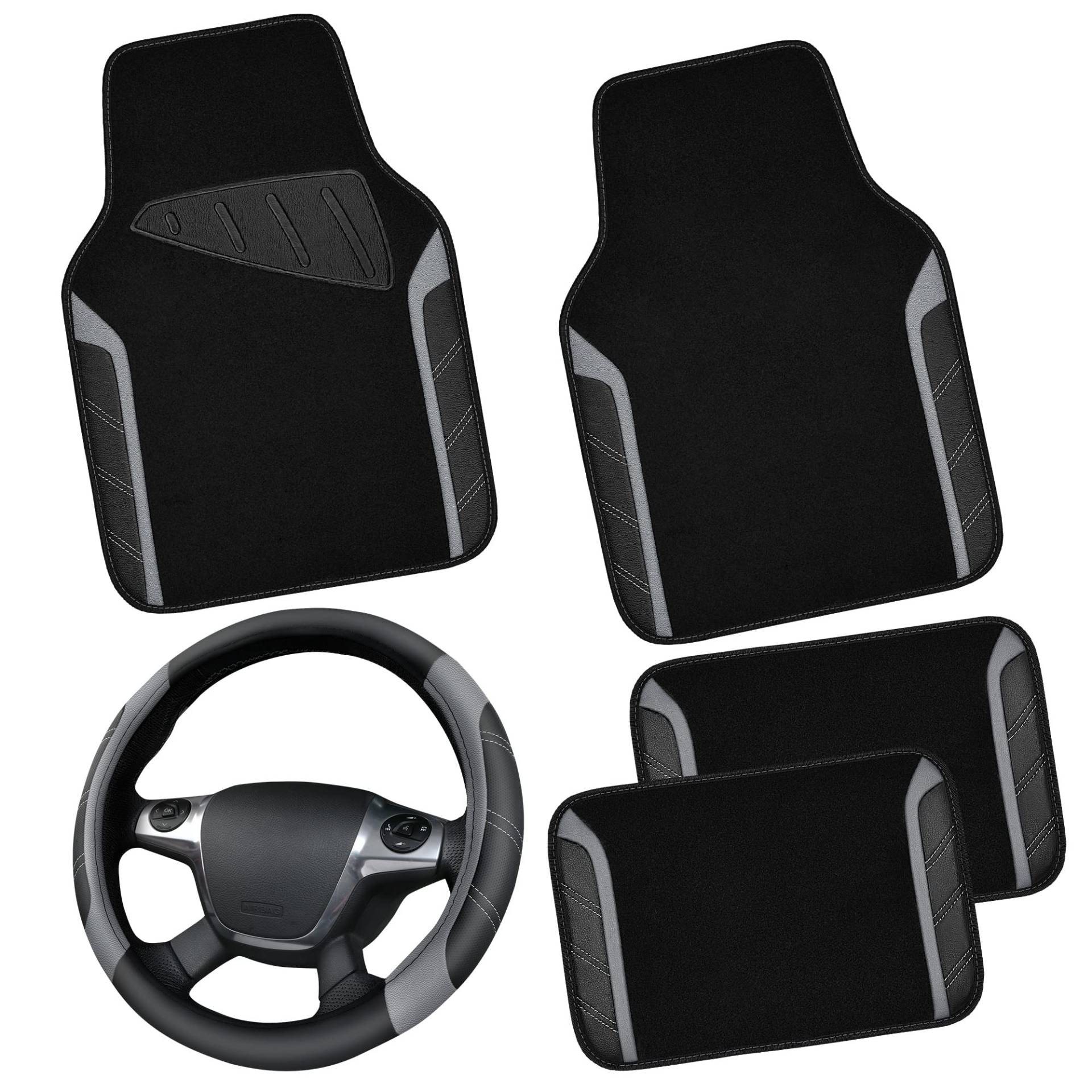 CAR PASS Leder Lenkradbezug und wasserdichte Auto Fußmatten, Mikrofaser Universal Auto Combo passend für 95% LKWs SUVs Autos, 36.8-38.1CM Sportlich Anti-Rutsch Design(Schwarz Grau) von CAR PASS
