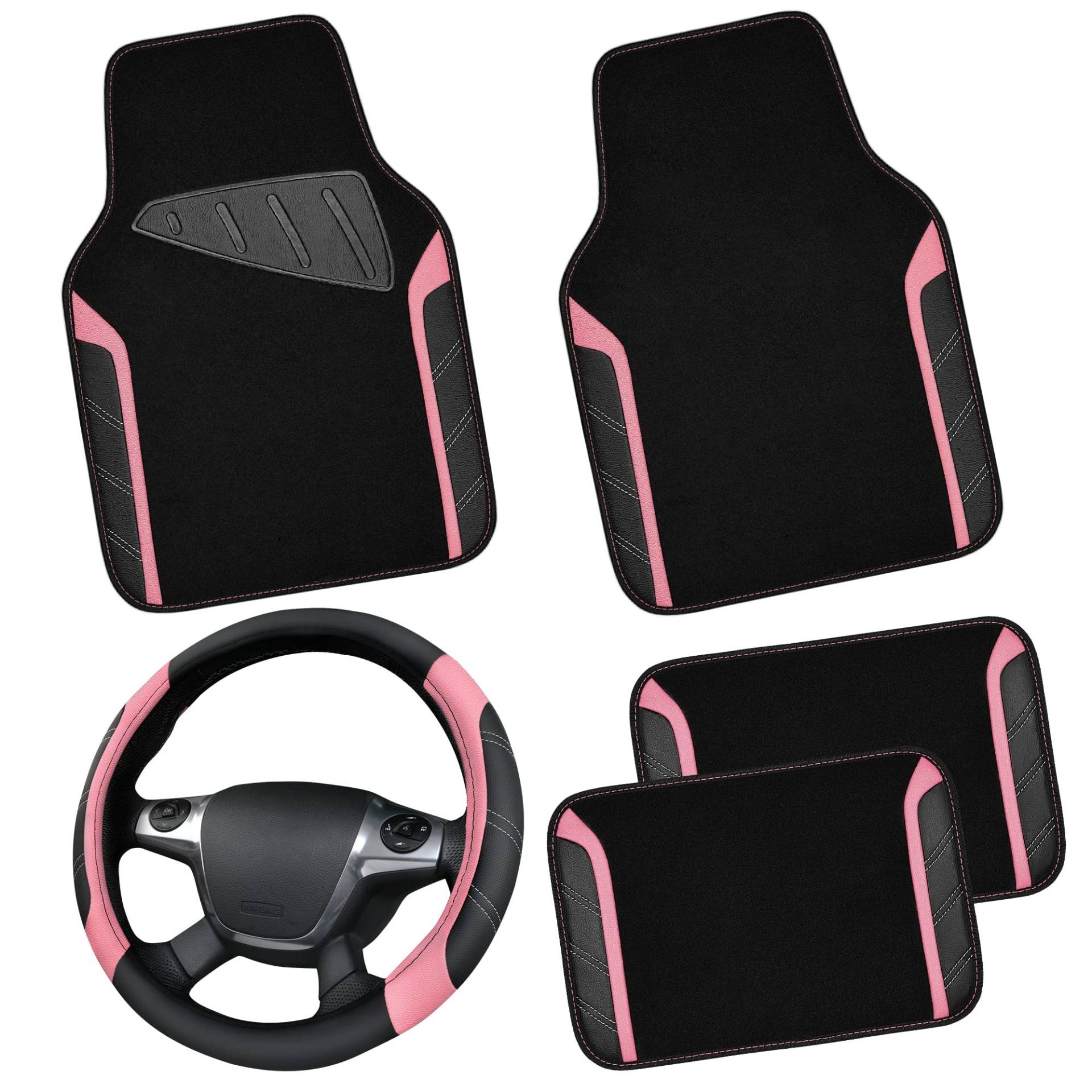 CAR PASS Leder Lenkradbezug und wasserdichte Auto Fußmatten, Mikrofaser Universal Auto Combo passend für 95% LKWs SUVs Autos, 36.8-38.1CM Sportlich Anti-Rutsch Design(Schwarz Rosa) von CAR PASS