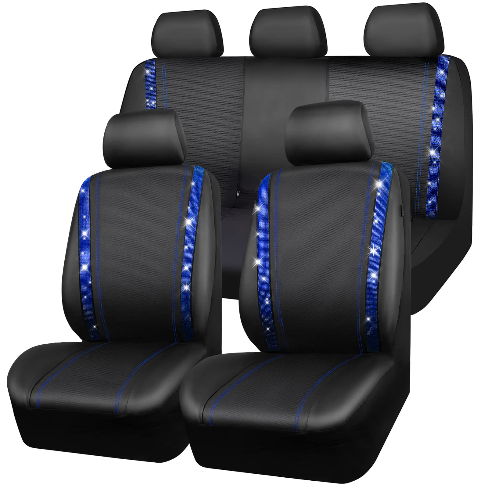 CAR PASS Wasserdicht Leder Autositzbezüge, Bling Diamant Komplettset Sitzbezug, Glänzend Kristall Glitzernd, Universal für 95% Aller Automobile LKW SUV, Frauen Männer(Komplettset, Blau) von CAR PASS