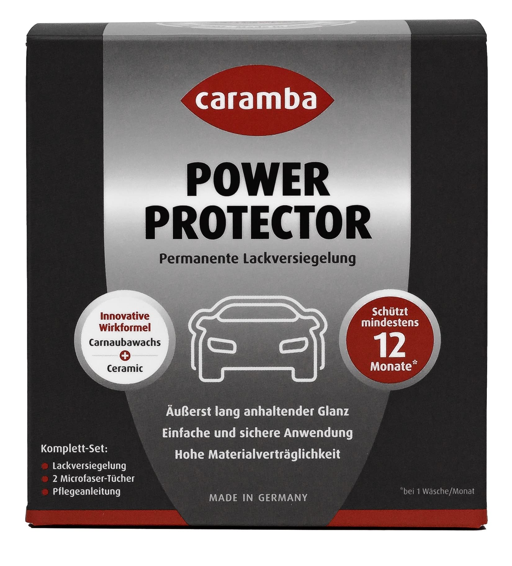 Caramba Power Protector (75 ml Set inkl. 2 Microfasertücher) – Autopflege Set zur Autolack-Versiegelung, Glanz- und Farbauffrischung – Keramik Versiegelung mit Carnaubawachs für dauerhaften Schutz von Caramba