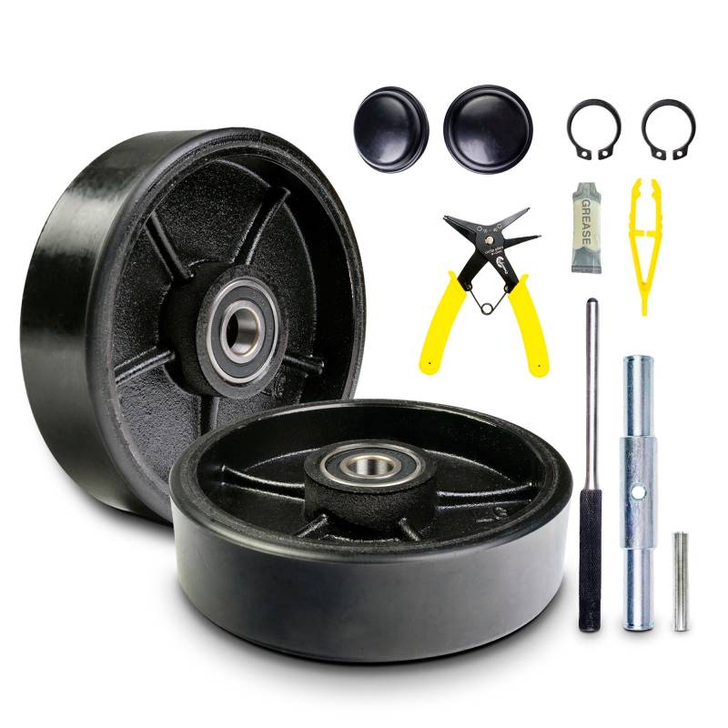 Palettenheber/LKW Lenkräder Set mit Achse, Befestigungen und Schutzkappen (4 Stück) 17,8 x 5,1 cm mit Kugellager ID 20 mm Poly Profil schwarz von CARBO GLIDE