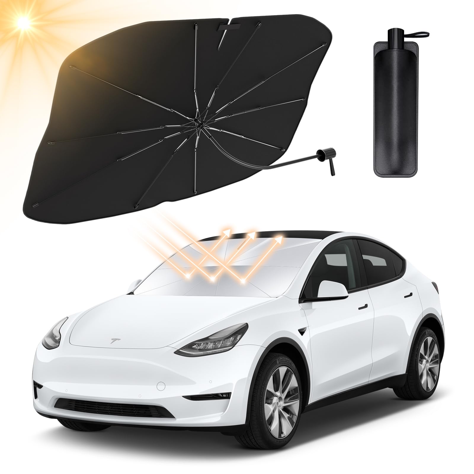CARERSTEN Auto Frontscheiben Sonnenschutz für Tesla Model 3/Y 360° Drehbar Faltbarer Sonnenschirm für Auto UV Schutz Wärmeisolierung für meisten Auto & SUV von CARERSTEN