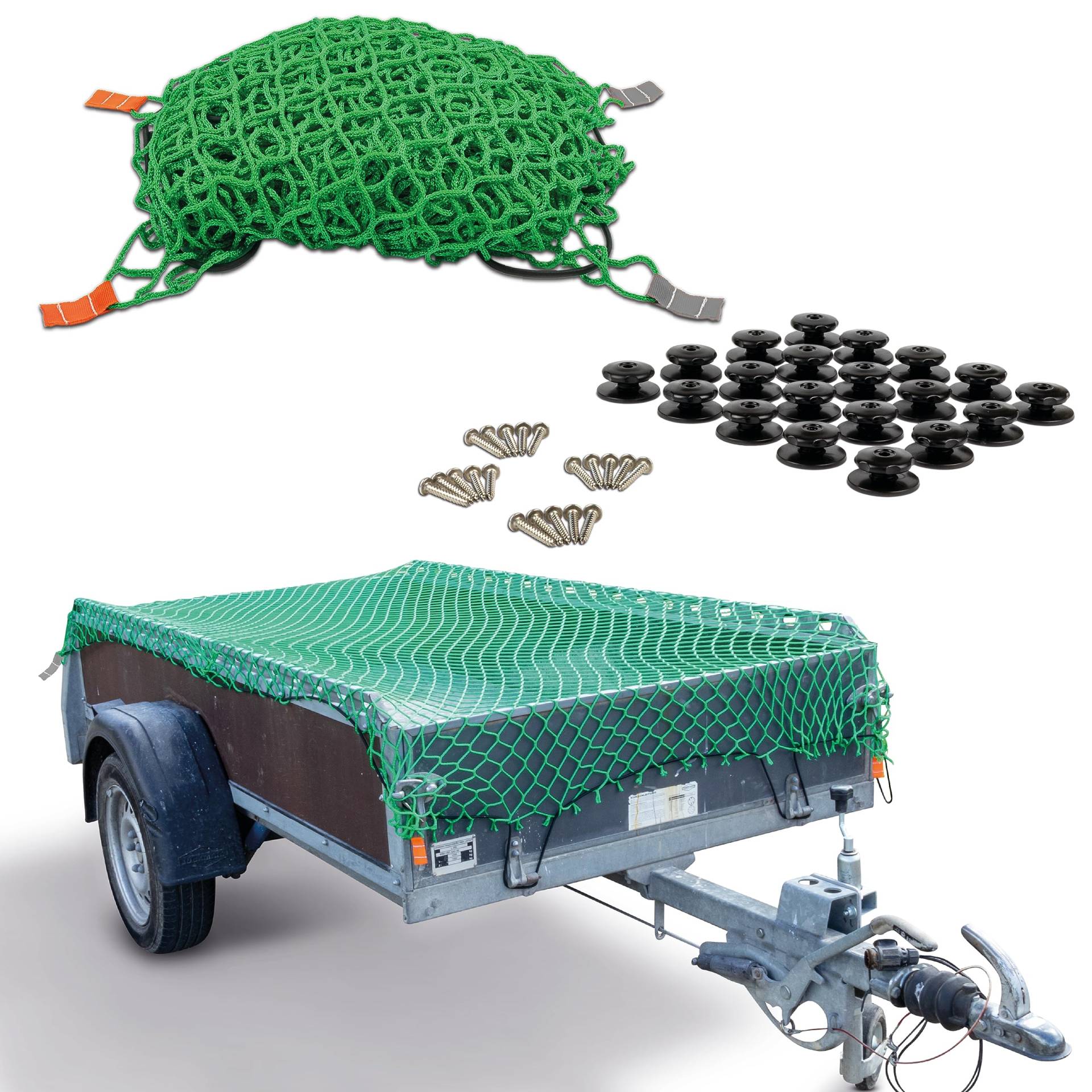 CargoVA® Anhängernetz 2x3M - Hängernetz mit Gummiseil, Eckenmarkierung und Rundknöpfen mit Schrauben - zur perfekten Ladungssicherung von CARGO VA Intelligent Vehicle Accessories