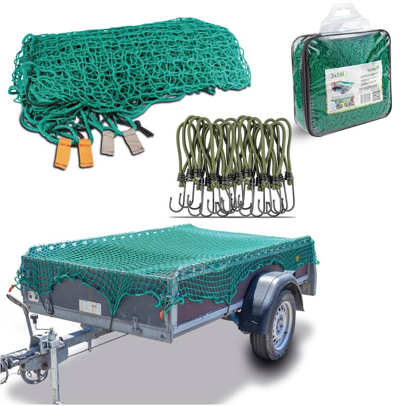 CargoVA® Intelligentes Anhängernetz 2,5x3,5M - Hängernetz mit Gummiseil, Eckenmarkierung und 20 Haken in PVC Tasche von CARGO VA Intelligent Vehicle Accessories