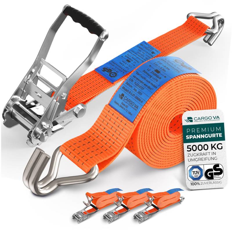 Schwerlast 5000kg Ratschengurte 4m - TÜV/GS & DIN Geprüft - Spanngurte mit Ratsche und Haken - QR Label Anleitung - Sicher & Robust [2er Set] von CARGO VA Intelligent Vehicle Accessories