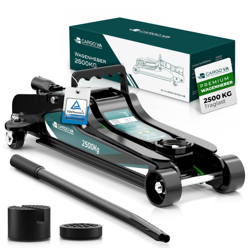 Wagenheber hydraulisch 2,5T – TÜV – 85-380mm Hub – flach für tiefergelegte Autos – Rangierwagenheber inkl. Gummiauflagen [Karton] von CARGO VA Intelligent Vehicle Accessories