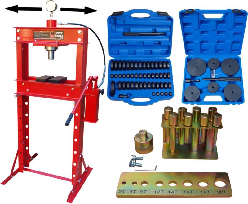 CARMAX Werkstattpresse 30T mit 2Pumpen + Druckstück Treibsatz 18-150mm + Druckdornsatz 8tlg. von CARMAX