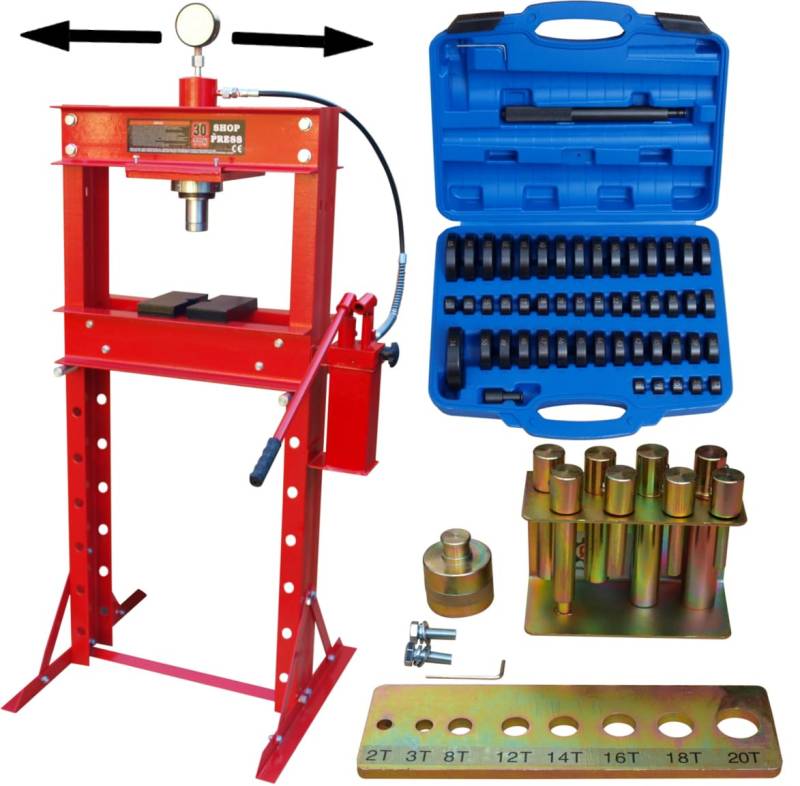 CARMAX Werkstattpresse 30T mit 2Pumpen + Druckstück Treibsatz 52-TLG. + Druckdornsatz 8tlg. von CARMAX