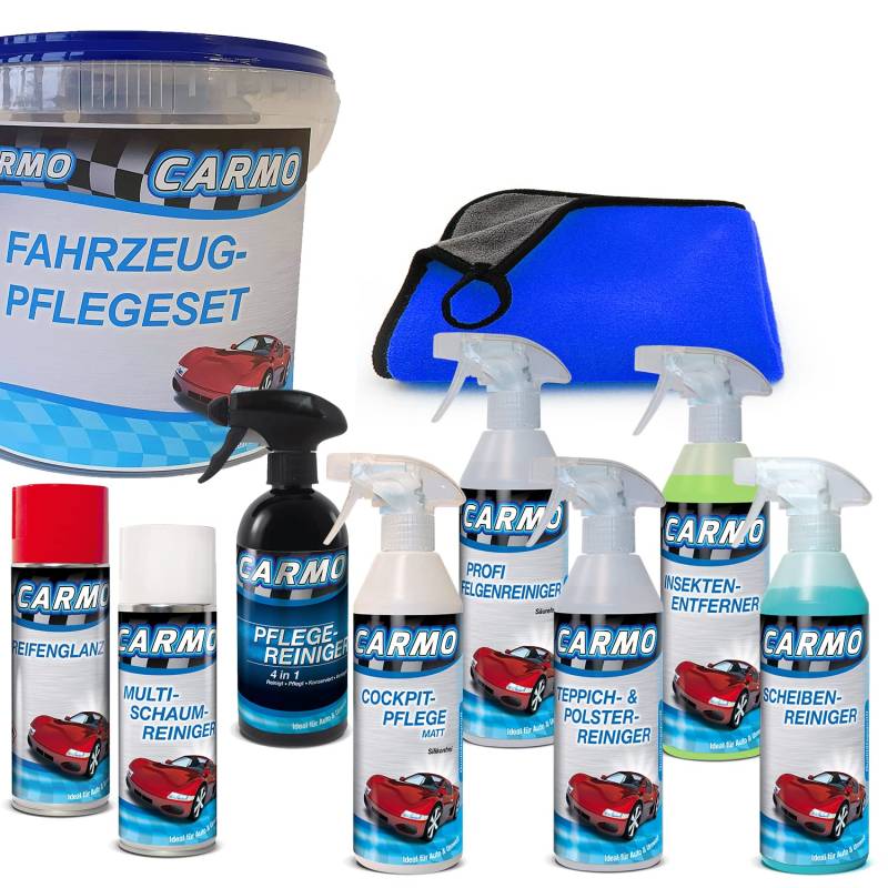 CARMO Autopflegeset Basic | 9-teilig | Außen- und Innenreinigung | Komplettset zur Fahrzeugwäsche | Geschenkset | inkl. Mikrofasertuch | inkl. Aufbewahrungseimer von CARMO