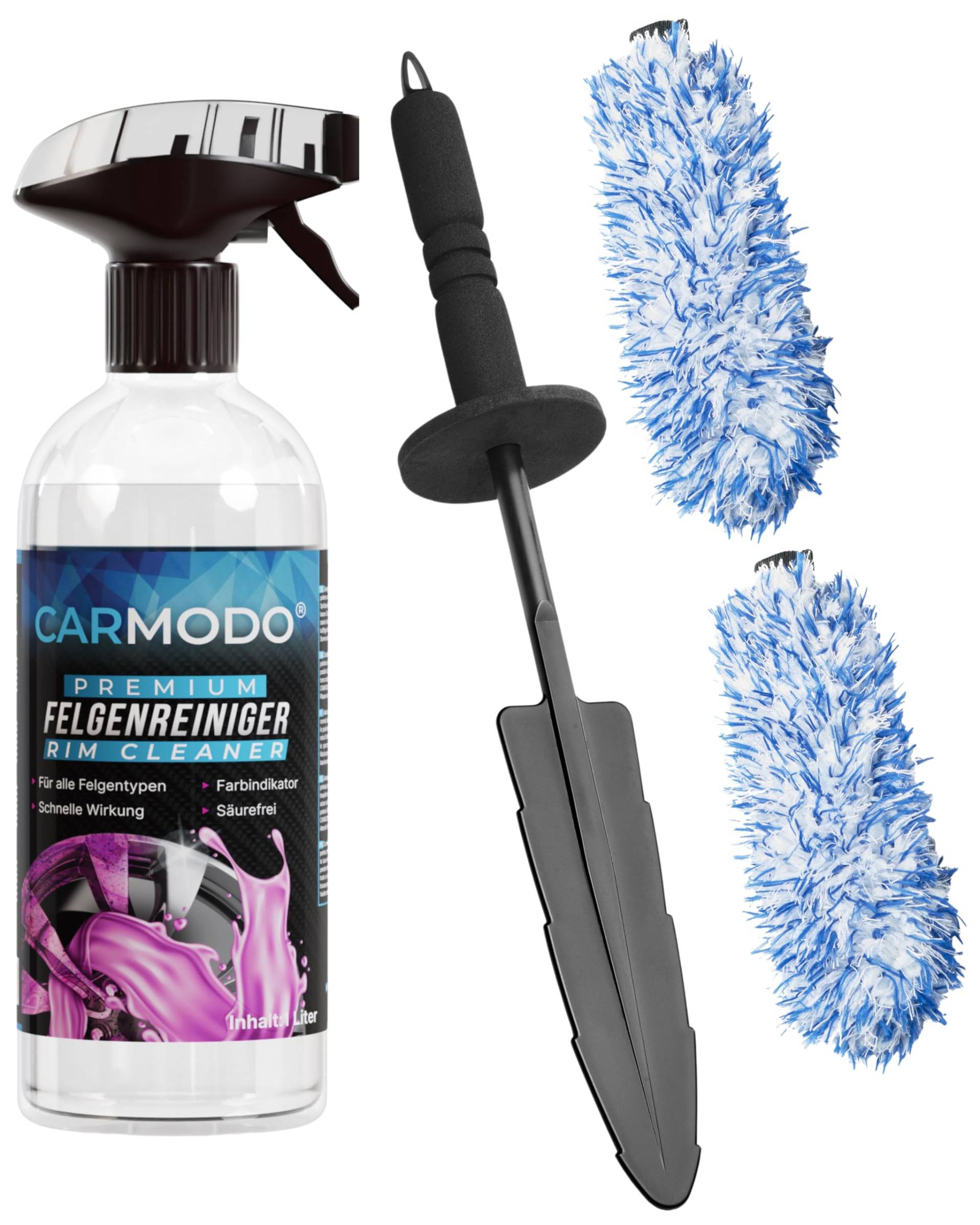 CARMODO® Mikrofaser Felgenbürste extra dünn - Mit wechselbaren Bürstenbezug - Reinigung bis tief ins Felgenbett - inkl. Premium Felgenreiniger - für eine schonende Felgen Reinigung - Säurefrei von CARMODO