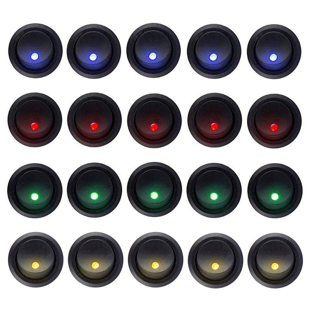 Carviya Kippschalter, 20 Stück, 5 blau + 5 rot + 5 grün + 5 orange, mit LED-Licht, Rund, Ein-/Ausschalten für Auto, LKW, Rennwagen, Wohnmobil, Marine, Schwerlastwagen, Geländefahrzeuge, Quad Carviya Kippschalter, 20 Stück, 5 blau + 5 rot + 5 grün + 5 orange, mit LED-Licht, Rund, Ein-/Ausschalten für Auto, LKW, Rennwagen, Wohnmobil, Marine, Schwerlastwagen, Geländefahrzeuge, Quad von CARVIYA