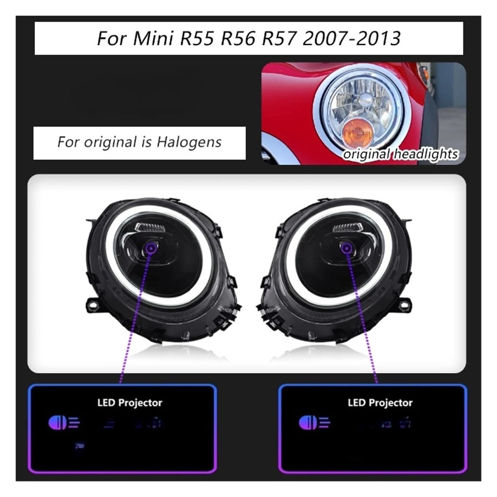 CBXPXVXP Autoscheinwerfer Kompatibel for Mini R55 R56 R57 2007-2013 Autolampen Tagfahrlicht Dynamische Blinker Autozubehör(For Halogen) von CBXPXVXP