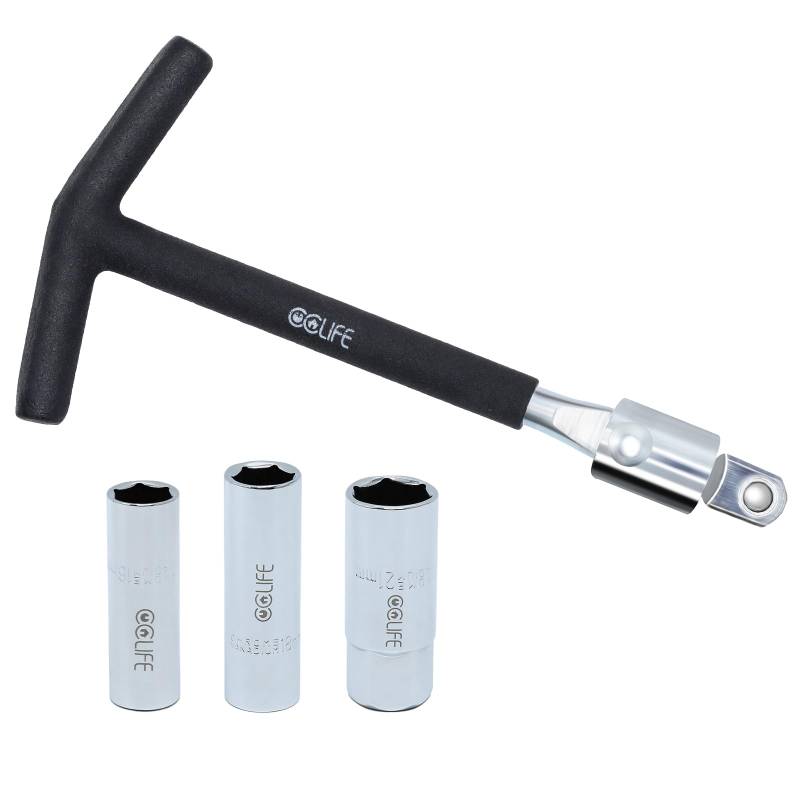 CCLIFE Zündkerzenschlüssel Universal 16mm, 18mm, 21mm 4-teilig für Auto und Motorrad, T-Griff 1/2” Zündkerzensteckschlüssel, Zündkerzenentferner-Werkzeug, Schwarz von CCLIFE