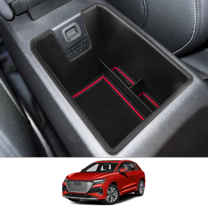 CDEFG Kompatibel mit Audi Q4 Q5 Etron 2021 2022 2023 Mittelkonsole Organizer Q4 Q5 E-tron Aufbewahrungsbox Auto Center Console Tray Q4 Sportback etron 2023 Zubehör (mit Löchern rot) von CDEFG