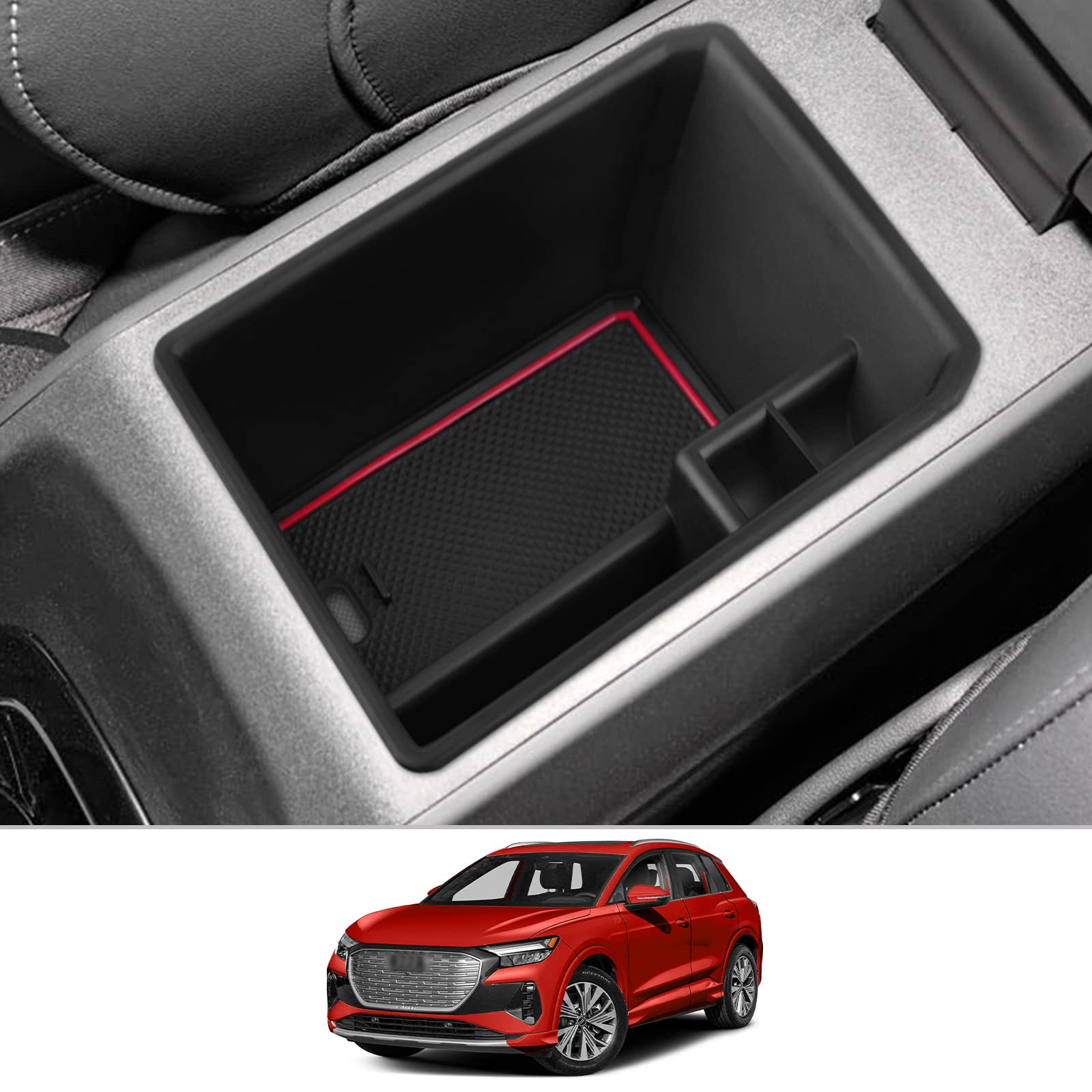 CDEFG Kompatibel mit Audi Q4 Q5 Etron 2021 2022 2023 Mittelkonsole Organizer Q4 Q5 E-tron Aufbewahrungsbox Auto Center Console Tray Q4 Sportback etron 2023 Zubehör (ohne Löcher rot) von CDEFG