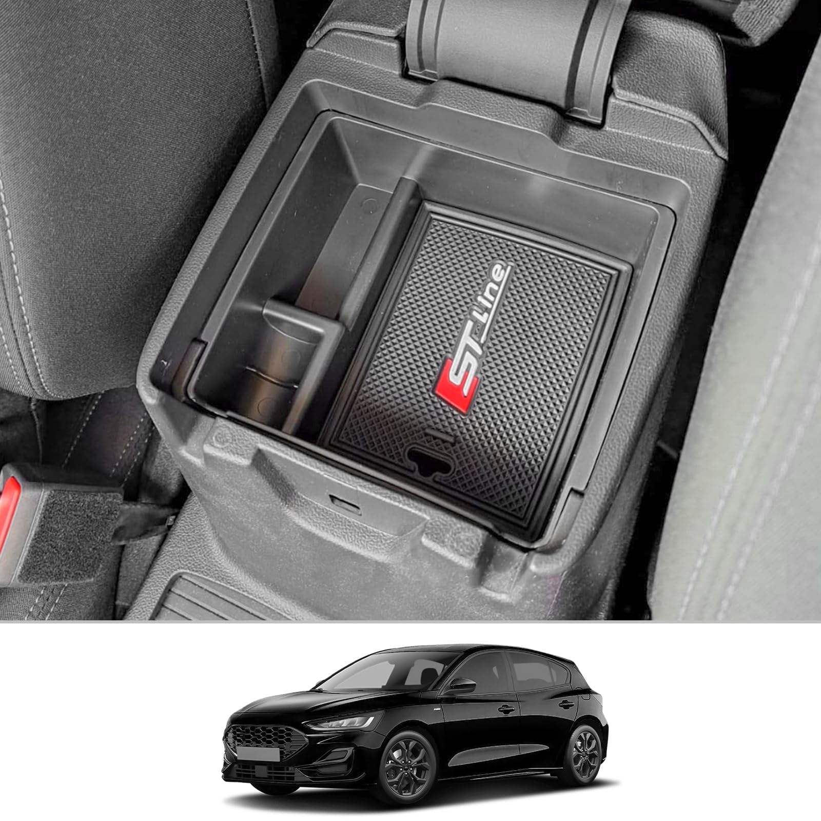 CDEFG Kompatibel mit Ford Focus MK4 ST Line 2018-2023 2024 Mittelkonsole Organizer Aufbewahrungsbox Focus MK4 Aufbewahrung Auto Center Console Tray Focus MK4 ST 2022 Zubehör (Mit logo) von CDEFG