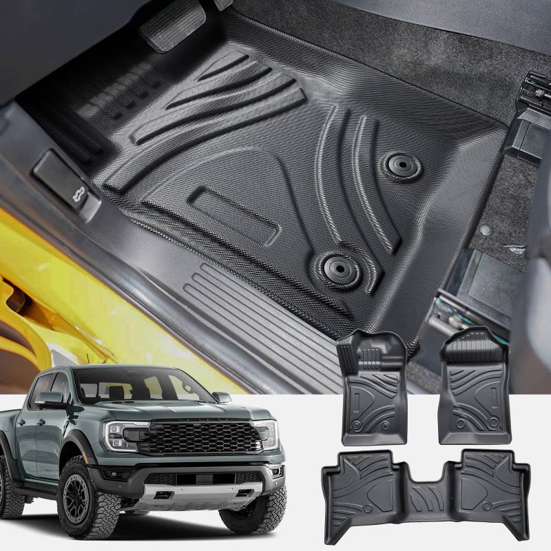 CDEFG Kompatibel mit Ford Ranger T9 2024 2025 Fußmatten, Fussmatten TPE Auto Wasserdicht Einfach zu Säubern Premium Allwetter Gummimatten vorn+hinten Matten Ranger T9 Raptor Wildtrak XLT Zubehör von CDEFG