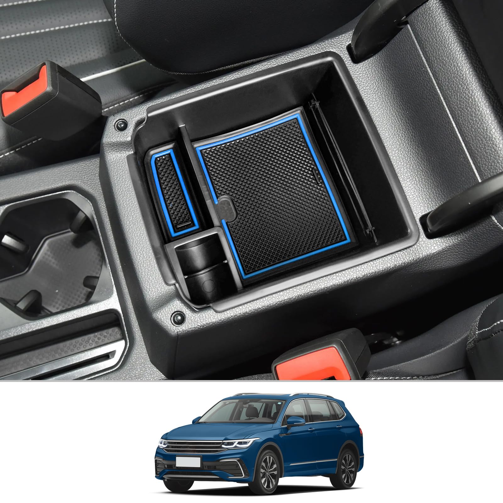 CDEFG Kompatibel mit VW Tiguan 2 2016-2022 2023 / Seat Tarraco FR 2019+ Mittelkonsole Handschuhfach Armlehne Multifunktionaler Aufbewahrungsbox Auto Center Console Organizer Tray Zubehör(Blau) von CDEFG