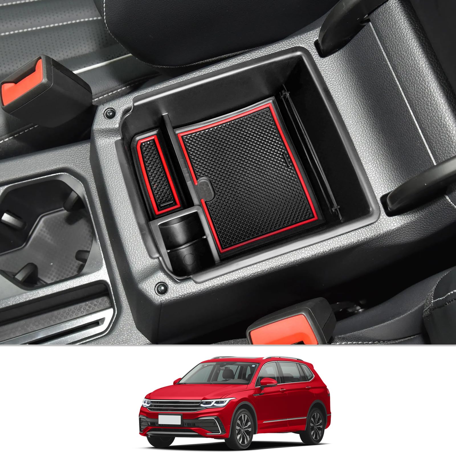 CDEFG Kompatibel mit VW Tiguan 2 2016-2022 2023 / Seat Tarraco FR 2019+ Mittelkonsole Handschuhfach Armlehne Multifunktionaler Aufbewahrungsbox Auto Center Console Organizer Tray Zubehör (ROT) von CDEFG