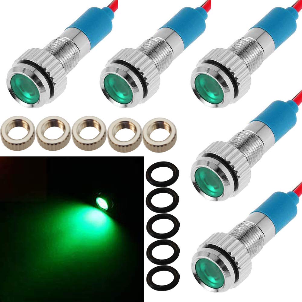 CESFONJER 5 stücke 8mm 1/4 "LED Metall Anzeigelampe 12 V Wasserdichte Signallampe Für Universal Autos, Van, lkw, boote, modellautos, ferngesteuerte autos (Grün) von CESFONJER