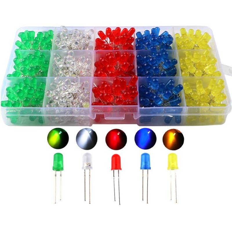 CESFONJER 500 PCS Led Leuchtdioden 5mm, Rund Farbe Dioden 5mm 2-poligen, (5 Farben x 100pcs), Farbe Sortiert Weiß/Rot/Gelb/Grün/Blau Kit Box Set von CESFONJER