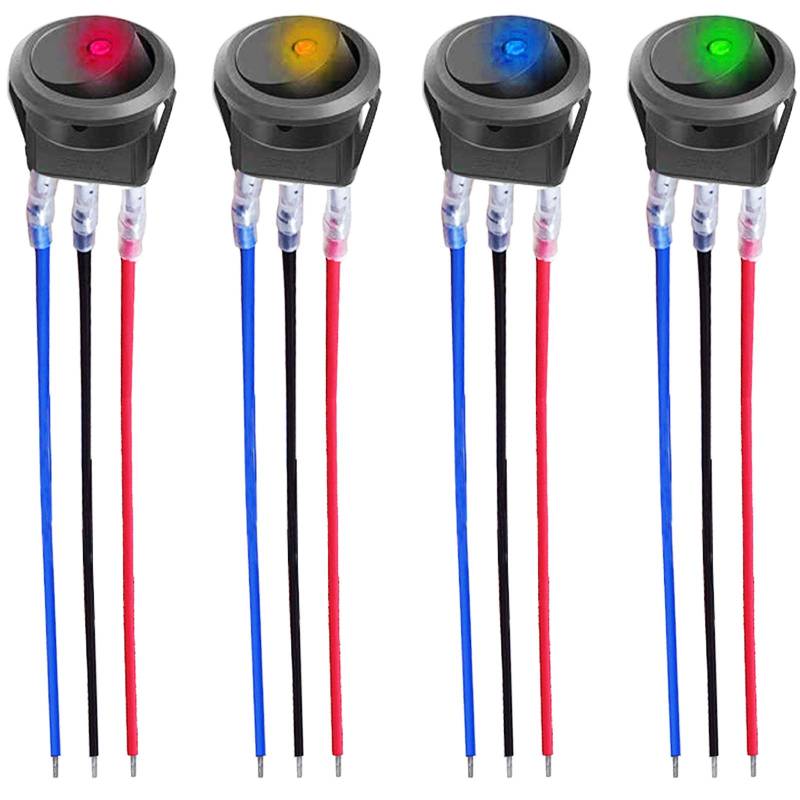 CESFONJER Wippschalter, 12V 20A / 24V 10A LED Rocker Kippschalter (mit 16AWG Draht) SPST On/Off für Auto Truck Off Road Boat Marine (4 Sätze) (Rot+Gelb+Blau+Grün) von CESFONJER
