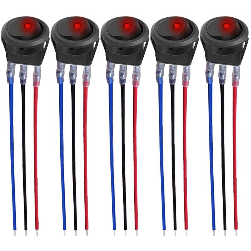 CESFONJER Wippschalter, 12V 20A / 24V 10A LED Rocker Kippschalter (mit 16AWG Draht) SPST On/Off für Auto Truck Off Road Boat Marine (5 Sätze) (Rot) von CESFONJER