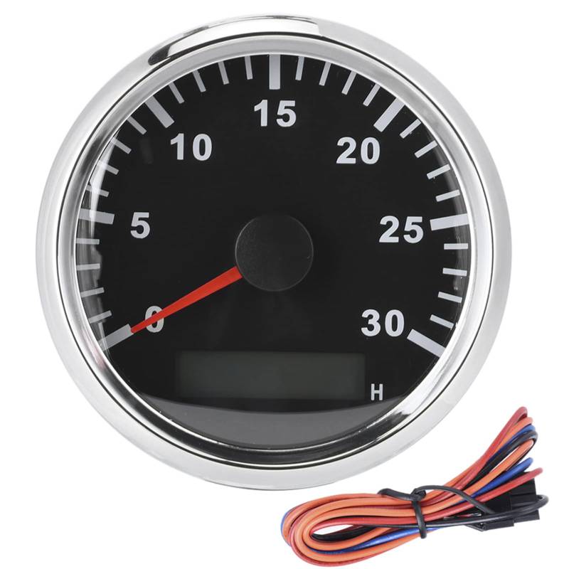 CFTGIW 85 Mm / 3,3in Boot Tachometer Sensor IP67 Tacho -Messstich 12V / 24 V Rotes Licht mit LCD -Anzeige -Service -Stunde 3000 U/Min (Schwarzes Zifferblatt, Silberne Lünette) von CFTGIW