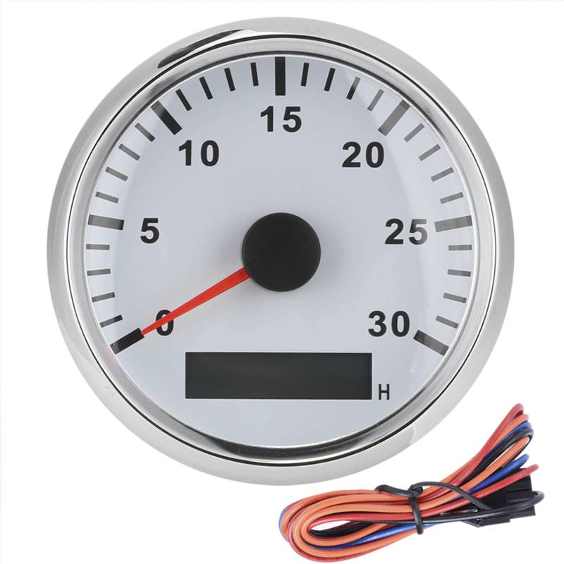 CFTGIW 85 Mm / 3,3in Boot Tachometer Sensor IP67 Tacho -Messstich 12V / 24 V Rotes Licht mit LCD -Anzeige -Service -Stunde 3000 U/Min (Weißes Zifferblatt, Silberne Lünette) von CFTGIW