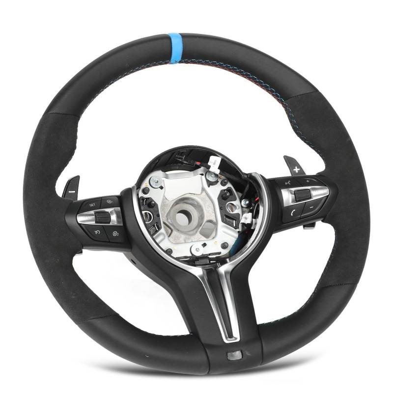 MP V2 Leder Wildleder Lenkrad Wiith Finger für M5 M6 F10 F12 F06 M Sport Blue Alignment Trailer Stallanhänger Stallanschluss oder während des Anbietens Sicherer Premium (Blaue Ausrichtungsmarkierung) von CFTGIW