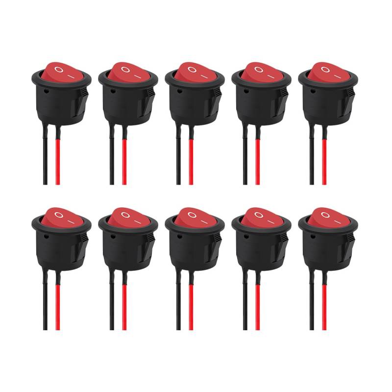 CGEAMDY 10 Stücke Runde Wippschalter, Runde Wippschalter On/Off Kippschalter, Wippschalter Mit Draht 2 Pins Wippschalters 10 A/125 V, 6 A/250 V Schalter Für Auto Boot Truck Jeep off Road(Rot) von CGEAMDY