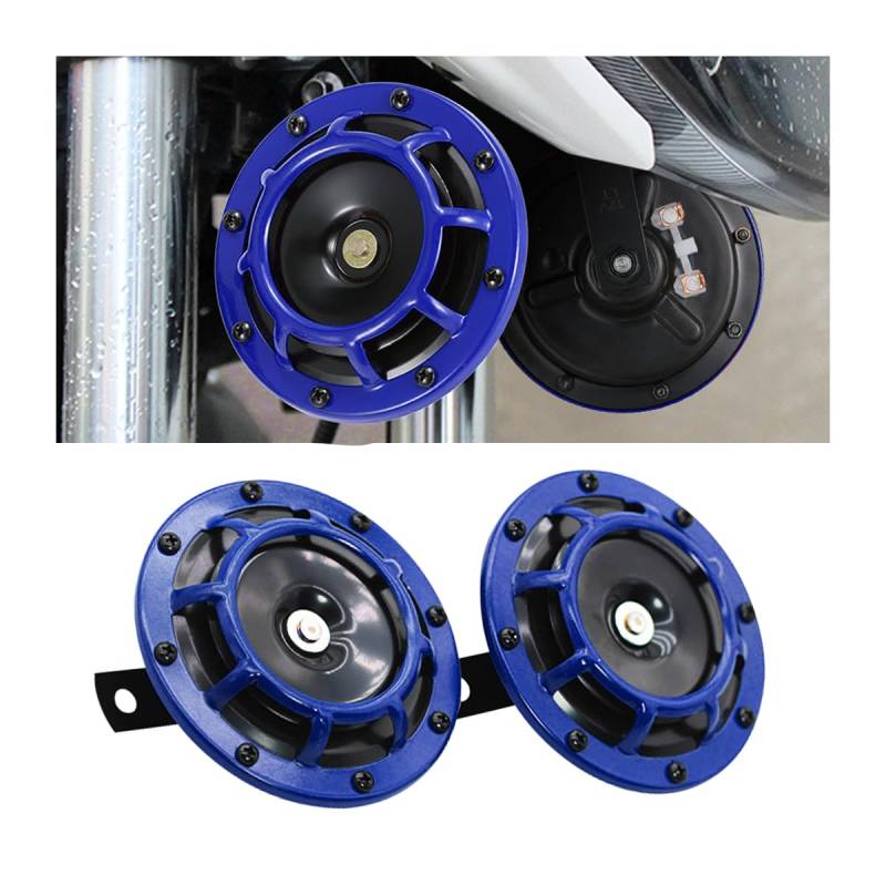 CGEAMDY 2 Stück 12v Autohupe Bausatz, Motorradhupe Hoch- Und Tiefton Mit Bügellautsprecher, Autohupe Superlaut Hoch- Und Tiefton Metall Zwillingshupe Kit(Blau) von CGEAMDY