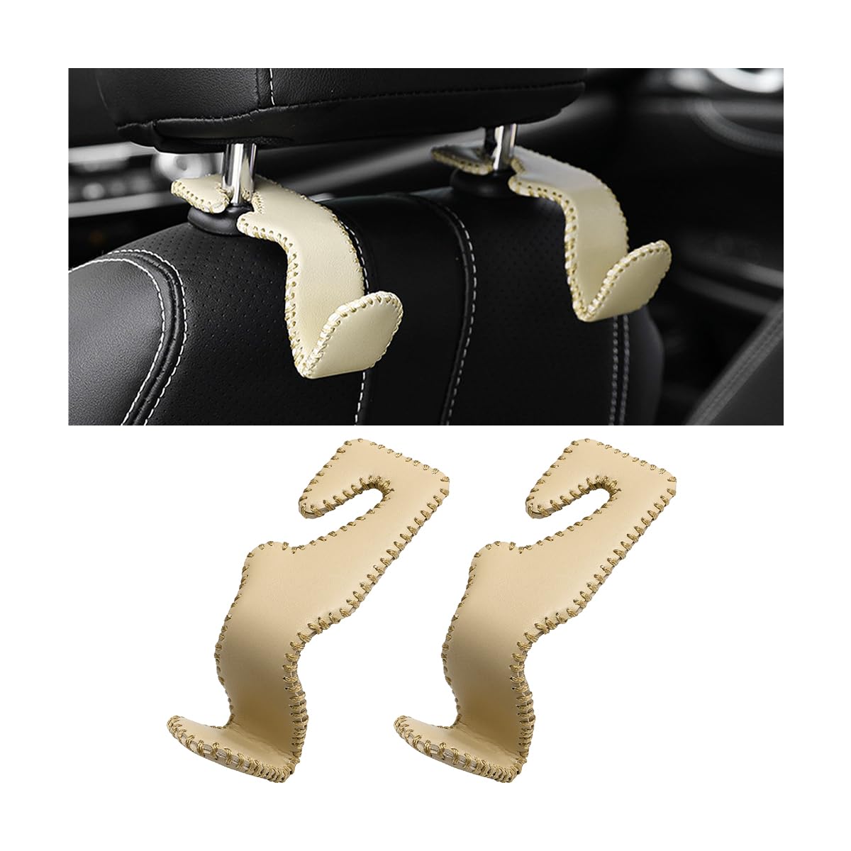 CGEAMDY 2 Stück Auto Kopfstützen Leder Hängen Haken, Auto Kopfstütze Autositz Lagerung Haken, Auto Innneraum Zubehör Für Lebensmittel-Taschen, Inhaber Haken (Beige) von CGEAMDY