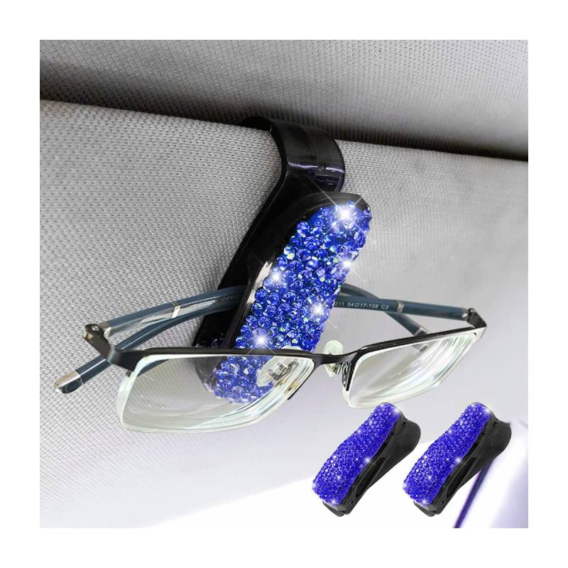 CGEAMDY 2 Stück Brillenhalter für Auto-Sonnenblende, Sonnenbrillenhalter mit Bling Strasssteinen ＆ Visitenkarte Clip, Bling-Kristall Auto Interieur Zubehör (Dunkelblau) von CGEAMDY