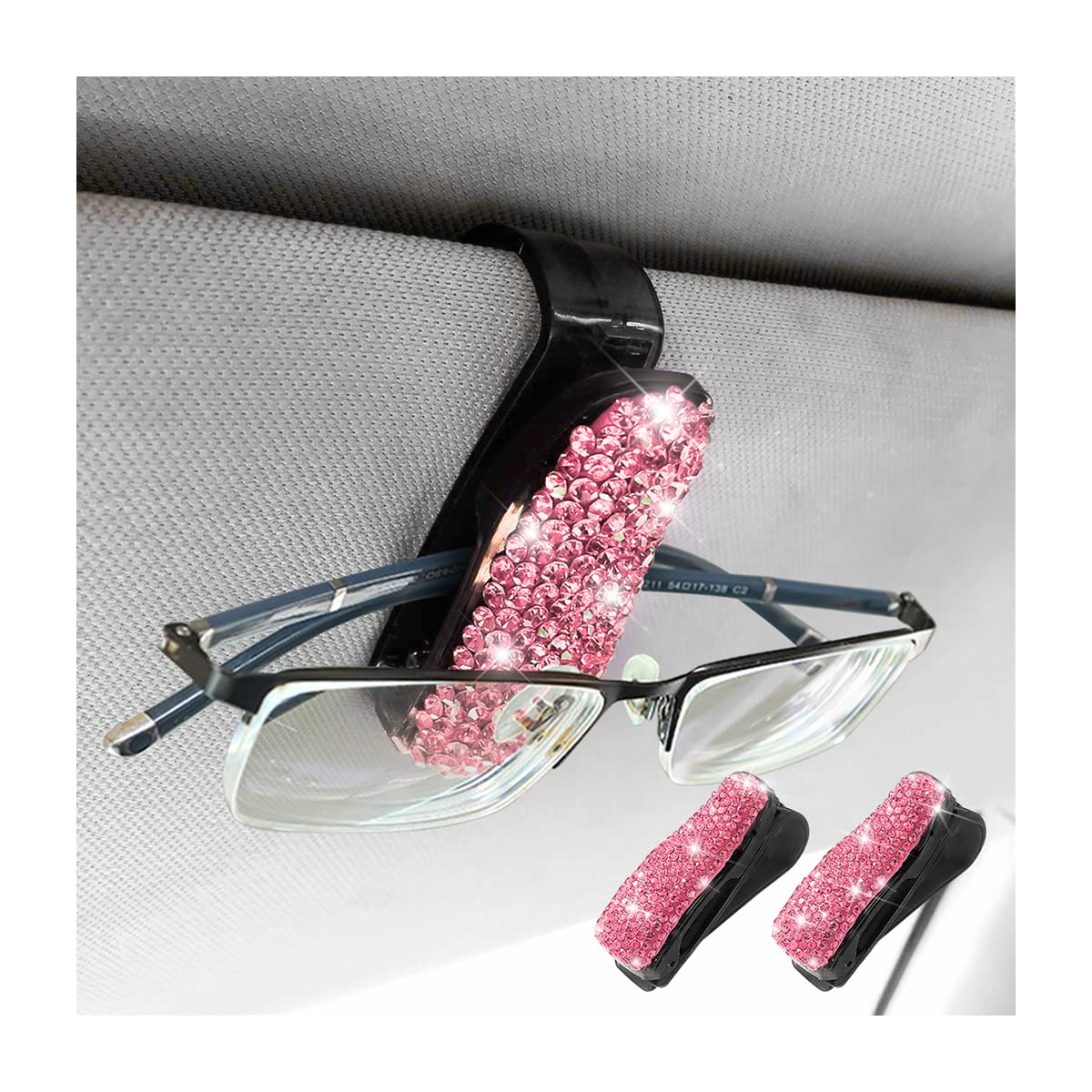 CGEAMDY 2 Stück Brillenhalter für Auto-Sonnenblende, Sonnenbrillenhalter mit Bling Strasssteinen ＆ Visitenkarte Clip, Bling-Kristall Auto Interieur Zubehör (Rosa) von CGEAMDY
