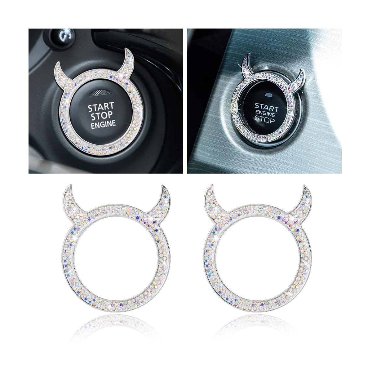 CGEAMDY 2Pcs Auto Start-Stopp-Knopf Abdeckung Glänzend Dekorativen Ring, Legierung Strass Auto Taste Ring, Stilvolle Und Glamouröse Damen Auto Dekorationen(AB) von CGEAMDY